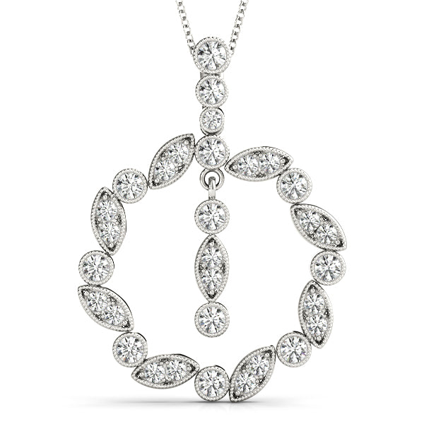 Silver Round and Marquise Cut Diamond Milgrain Halo Pendant
