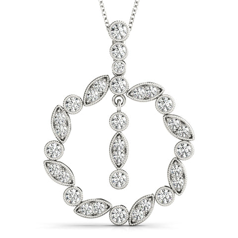 White gold Round and Marquise Cut Diamond Milgrain Halo Pendant