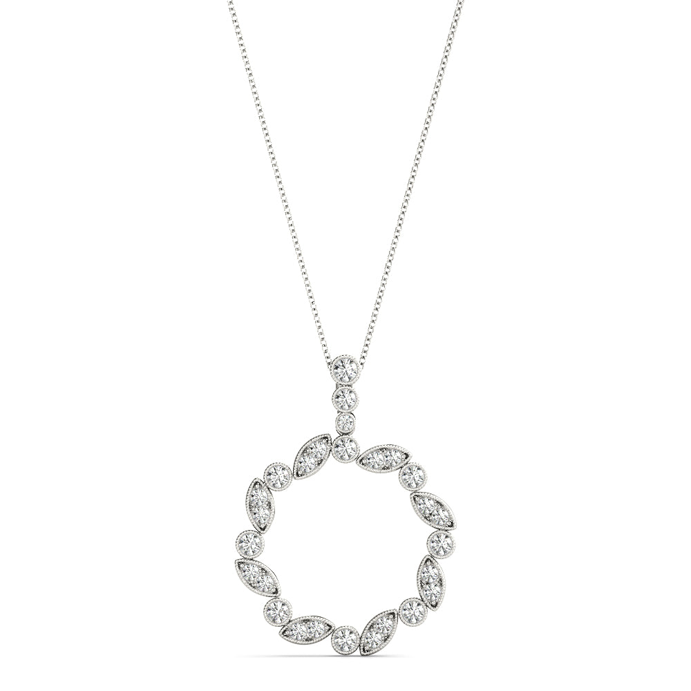 White gold Round and Marquise Diamond Circle Pendant with Bezel and Prong Setting