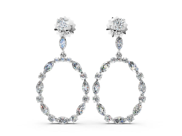 Platinum Round and Marquise Diamond Open Oval Drop Earrings