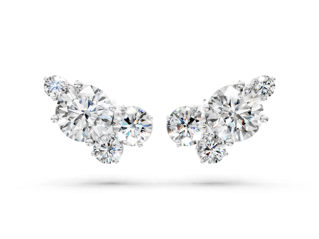White gold Round and Oval Diamond Hydrangea Bouquet Stud Earrings with Round Diamond Accents_7