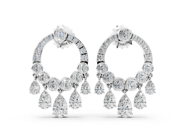 Silver Round and Pear Diamond Dangle Earrings