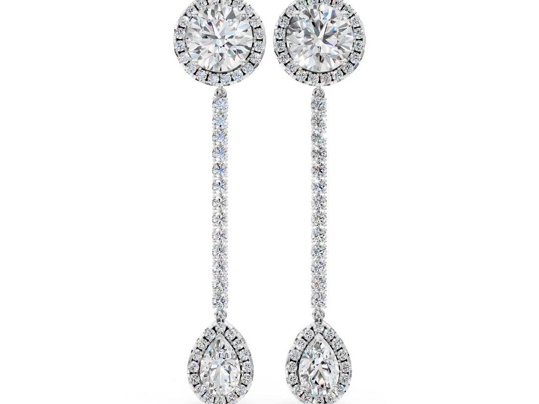 White gold Round and Pear Diamond Halo Drop Earrings