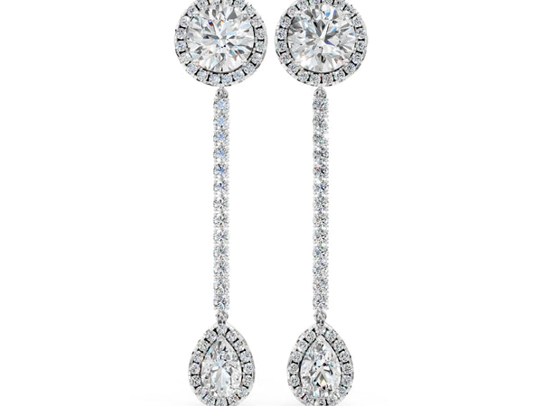 Platinum Round and Pear Diamond Halo Drop Earrings