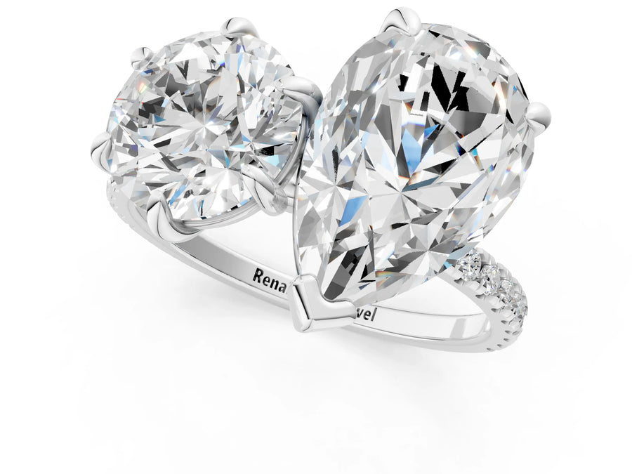 White gold Round and Pear Toi Moi Ring with Prong Setting and Micro Pave Band