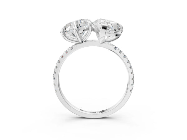 White gold Round and Pear Toi Moi Ring with Prong Setting and Micro Pave Band