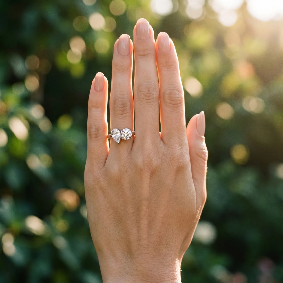 White gold Round and Pear Toi Moi Ring with Prong Setting and Plain Band_21