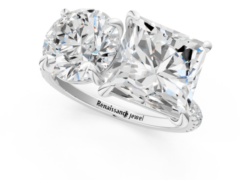 White gold Round and Princess Toi Moi Ring with Prong Setting and Pave Band_18