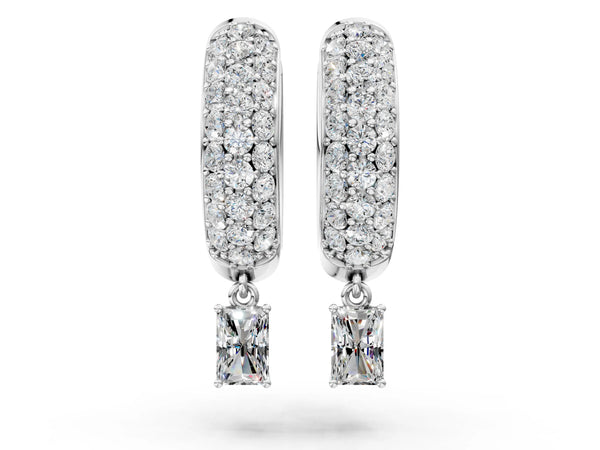Silver Round and Radiant Diamond Huggie Hoop Earrings
