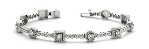 White gold Round and Square Bezel Set Diamond Tennis Bracelet with Beaded Band