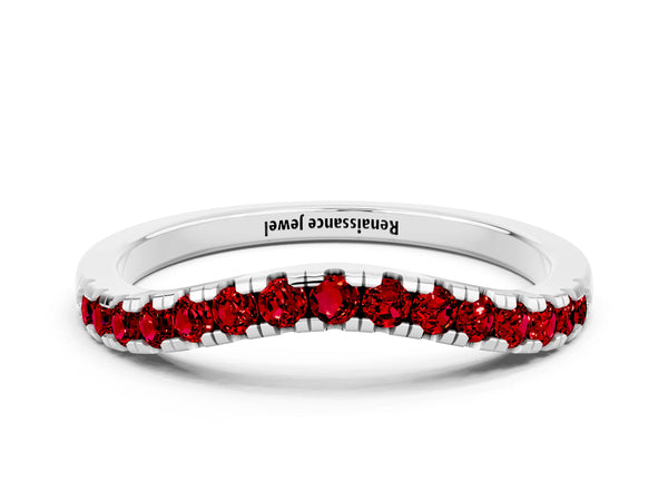 Platinum Round Lab-Grown Ruby Pave Contour Wedding Band with Shared Prongs