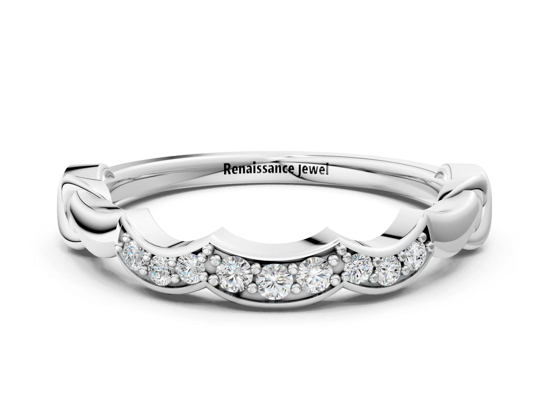 Silver 0.13 Carat E VS Scalloped Diamond Curved Band with Round Brilliant Stones and Shared Prong Setting