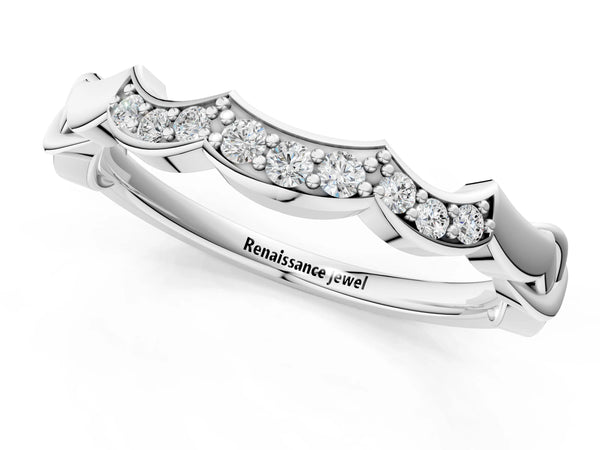 Platinum Scalloped Diamond Curved Band with Round Brilliant Stones and Shared Prong Setting