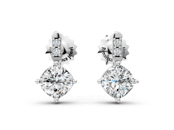 Platinum Sideways Cushion Diamond Drop Earrings with Diamond Accent
