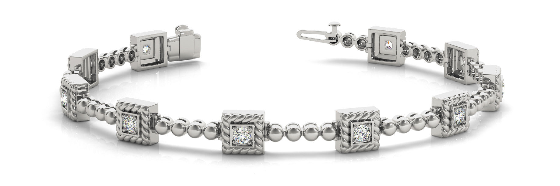 White gold Square Bezel-Set Round Diamond Rope Link Bracelet