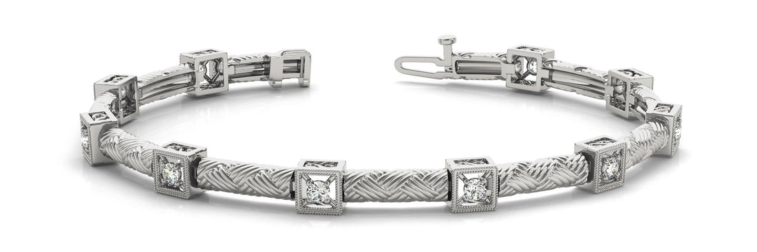 White gold Square Box Diamond Bracelet with Round Cut Stones and Braided Band