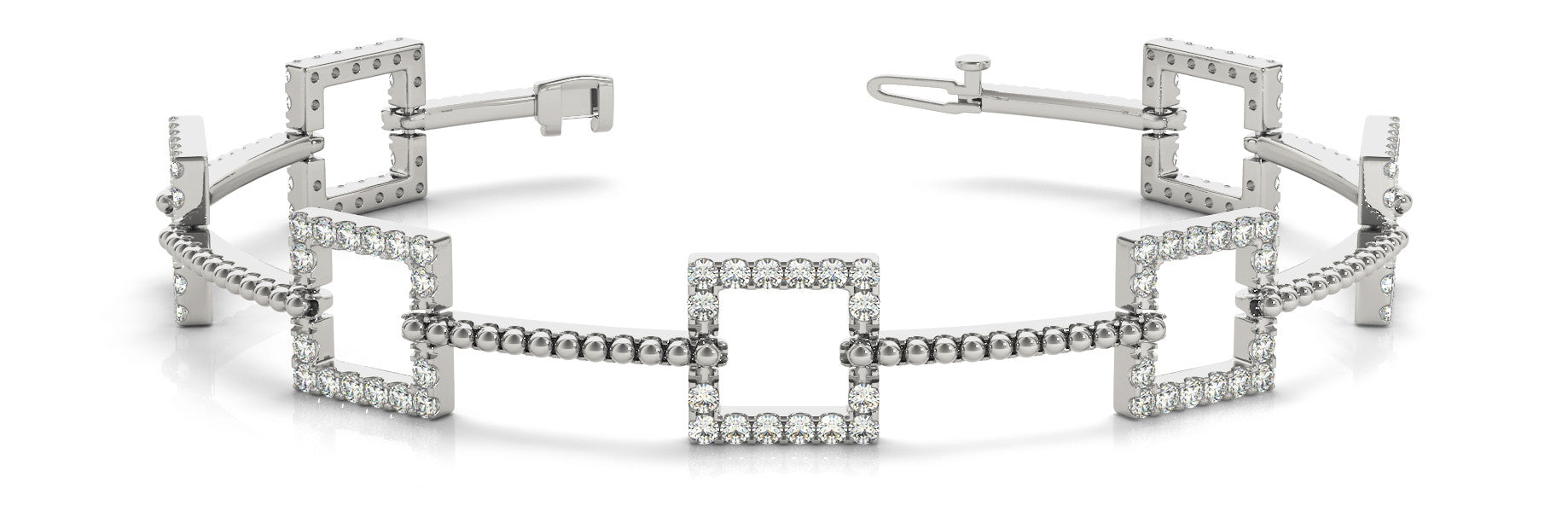 White gold Square Diamond Pavé Link Bracelet with Beaded Band and Four-Prong Setting