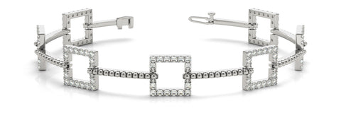 White gold Square Diamond Pavé Link Bracelet with Beaded Band and Four-Prong Setting