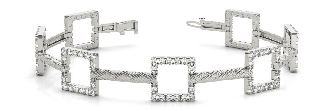 White gold Square Diamond Pavé Link Bracelet with Textured Band and Four-Prong Setting