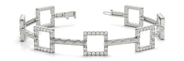 White gold Square Diamond Pavé Link Bracelet with Textured Band and Four-Prong Setting