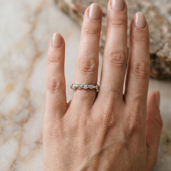 White gold Square Diamond Twist Band with Bezel Setting