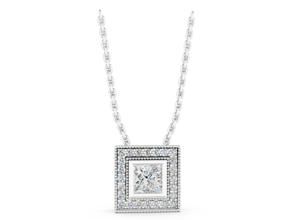 White gold Square Halo Princess Cut Pendant with Bezel Setting