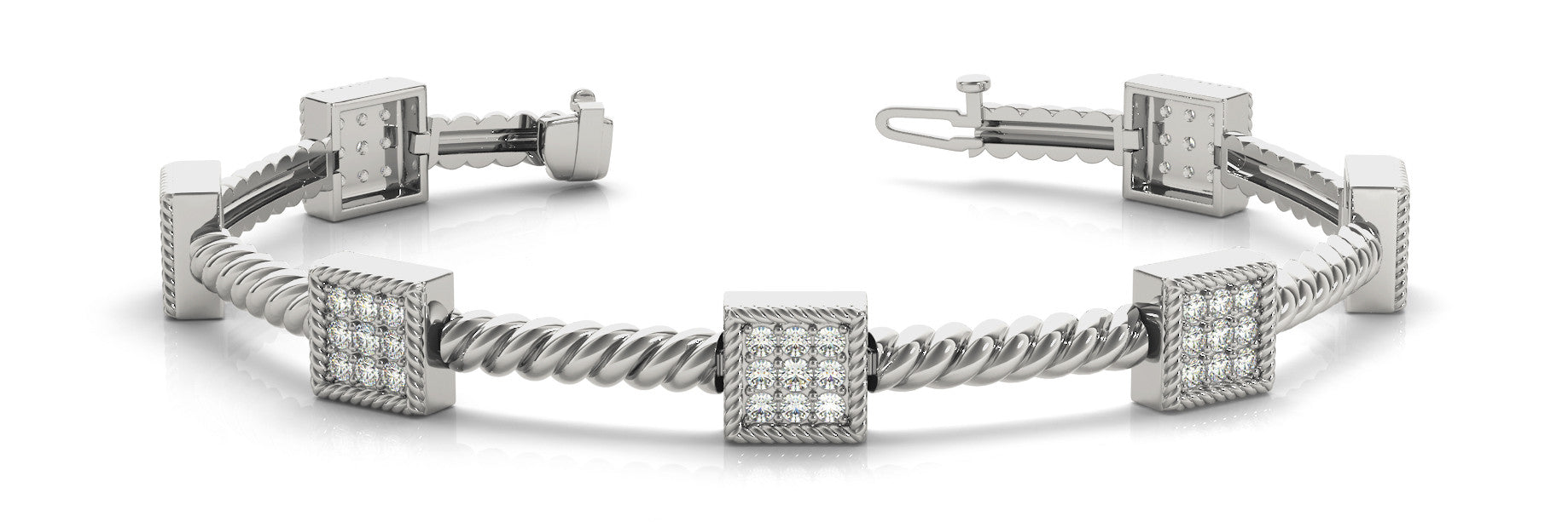 White gold Square Pave Diamond Rope Bracelet with Box Clasp