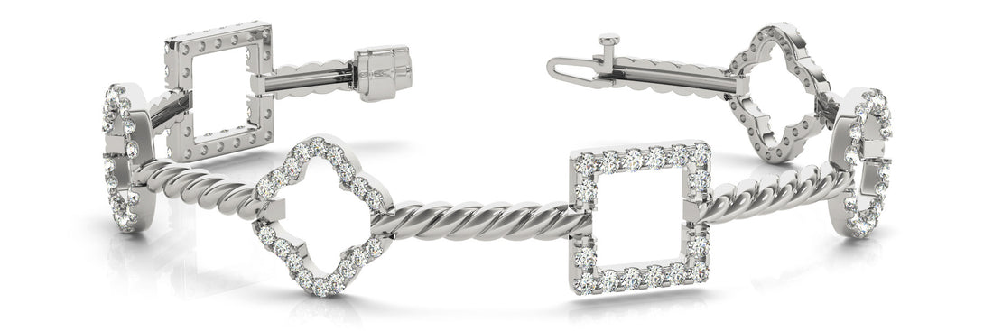 White gold Square and Clover Diamond Pave Twisted Cable Bracelet