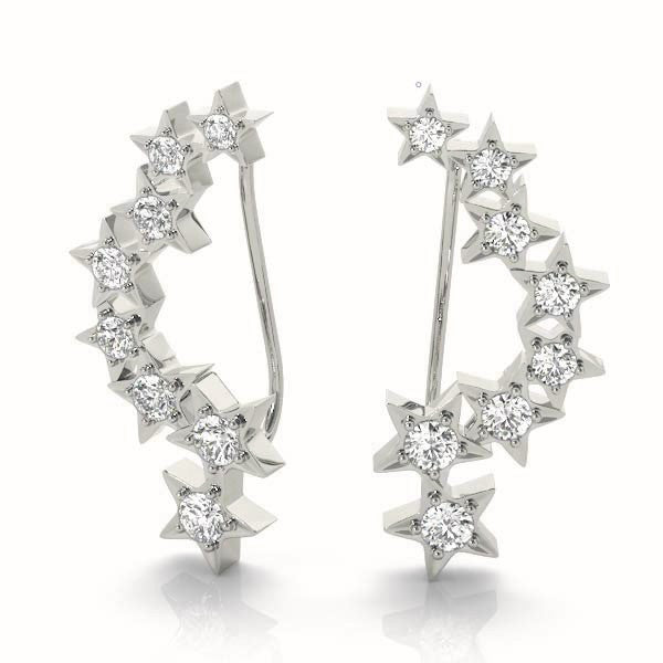 White gold Star Cluster Diamond Crescent Earrings with Round Cut Stones on a Curved Band and Prong Setting 1