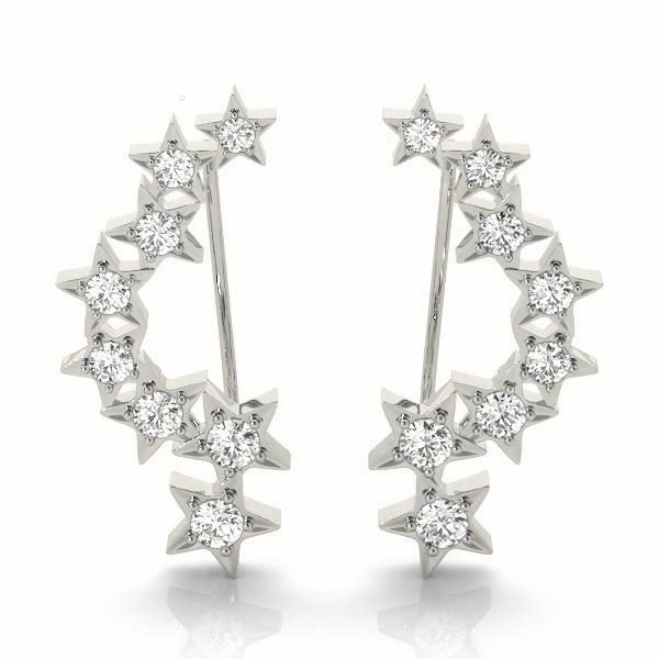 White gold Star Cluster Diamond Crescent Earrings with Round Cut Stones on a Curved Band and Prong Setting