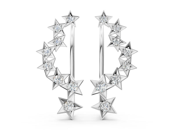 Silver Star Cluster Diamond Crescent Earrings with Round Cut Stones on a Curved Band and Prong Setting