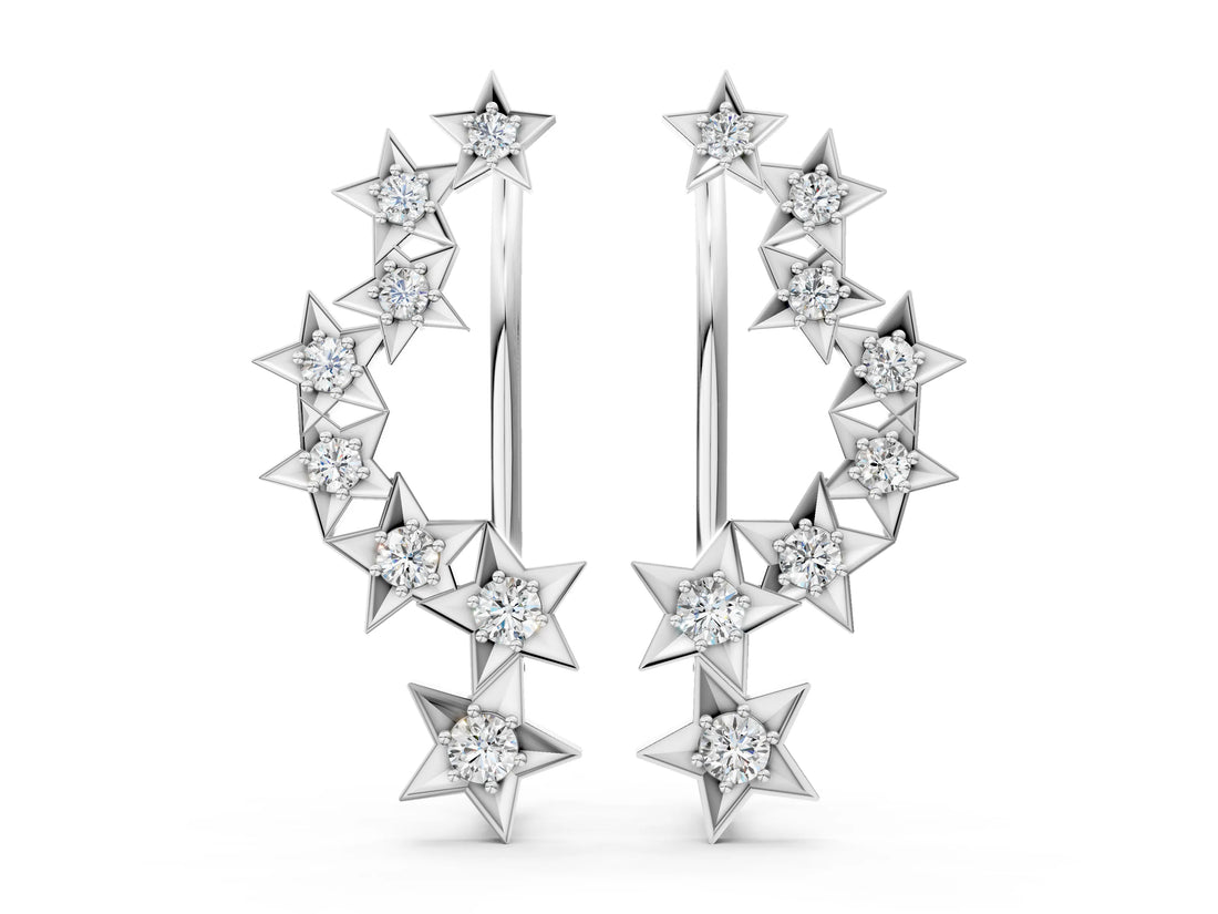 White gold Star Cluster Diamond Crescent Earrings with Round Cut Stones on a Curved Band and Prong Setting_24