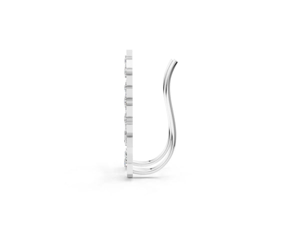 White gold Star Cluster Diamond Crescent Earrings with Round Cut Stones on a Curved Band and Prong Setting