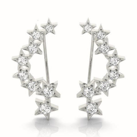 White gold Star Cluster Diamond Crescent Earrings with Round Cut Stones on a Curved Band and Prong Setting