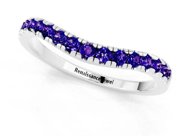 Platinum Round Tanzanite Pave Contour Wedding Band with Shared Prongs