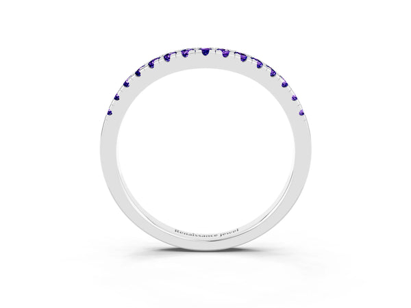 Platinum Round Tanzanite Pave Contour Wedding Band with Shared Prongs