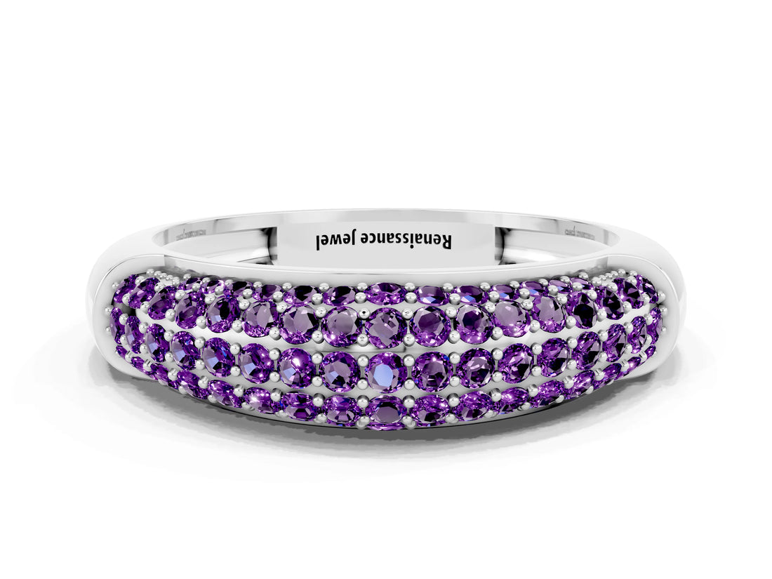 White gold Three-Row Pavé Round Amethyst Dome Band_6