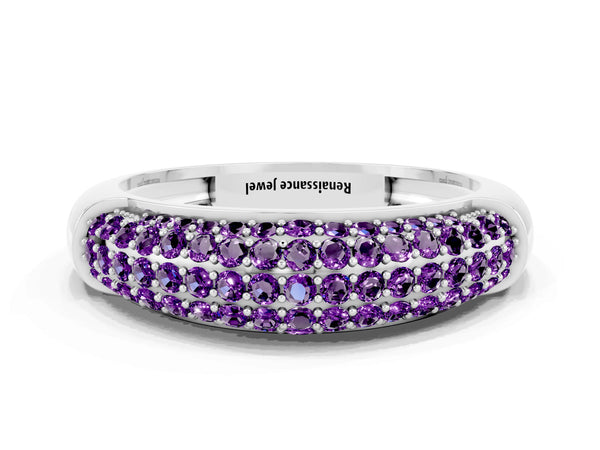 Silver Three-Row Pavé Round Amethyst Dome Band