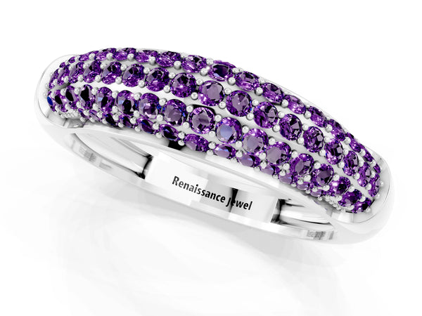 Platinum Three-Row Pavé Round Amethyst Dome Band