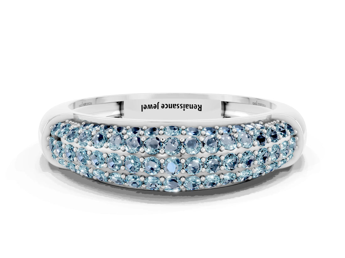 White gold Three-Row Pavé Round Aquamarine Dome Band_6
