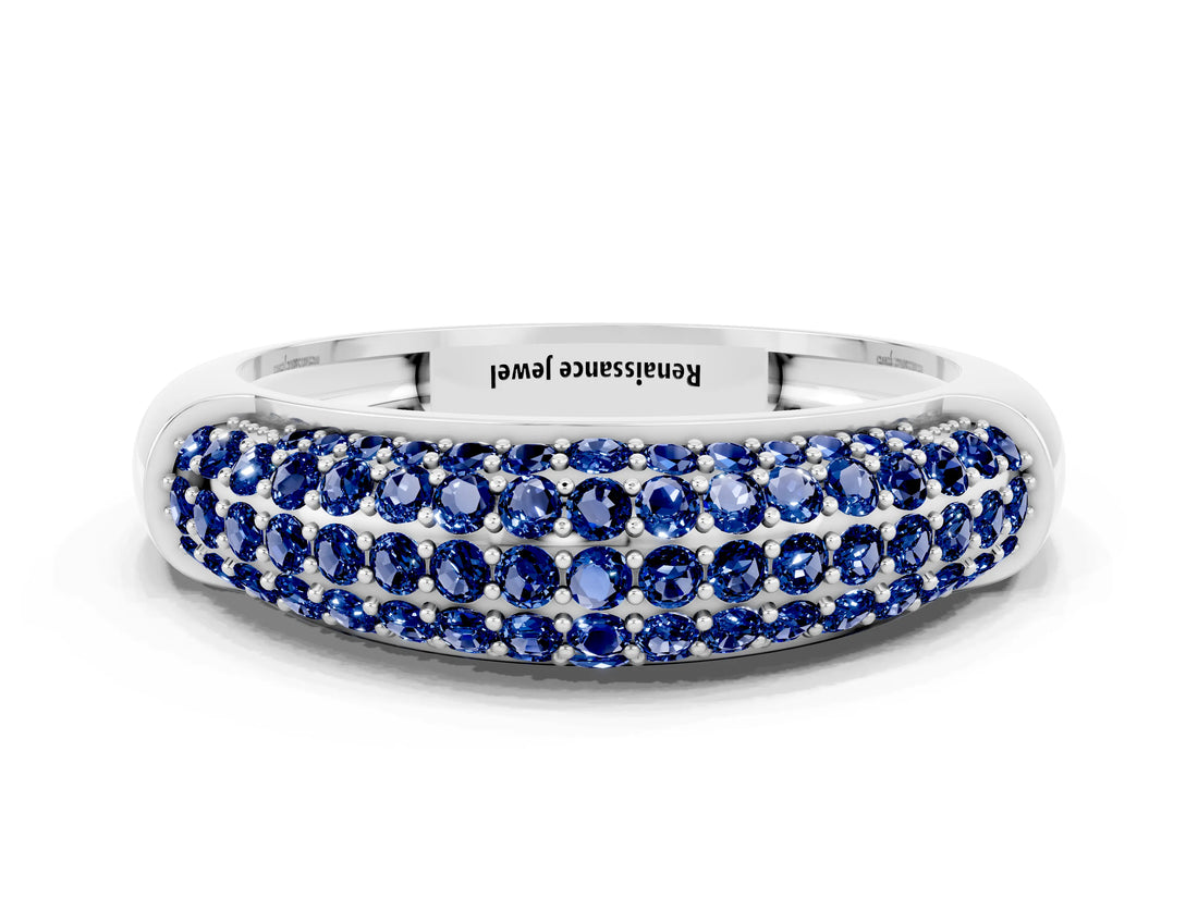White gold Three-Row Pavé Round Blue Sapphire Dome Band_6