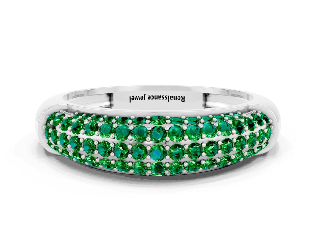 White gold Three-Row Pavé Round Emerald Dome Band_6