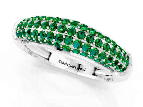 White gold Three-Row Pavé Round Emerald Dome Band