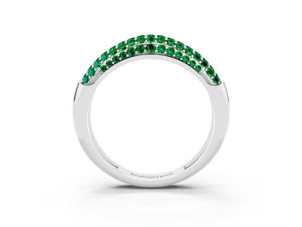 Silver Three-Row Pavé Round Emerald Dome Band