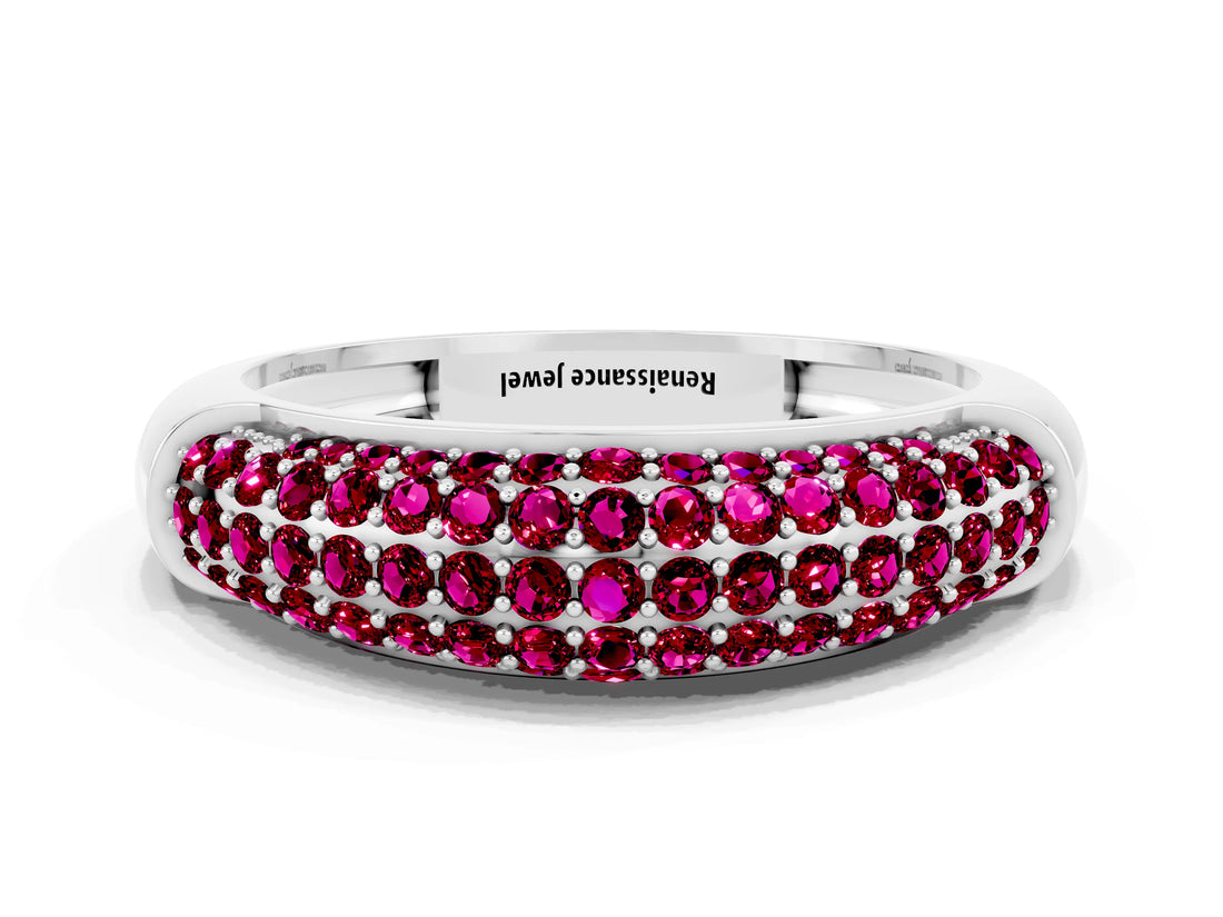 White gold Three-Row Pavé Round Garnet Dome Band_6