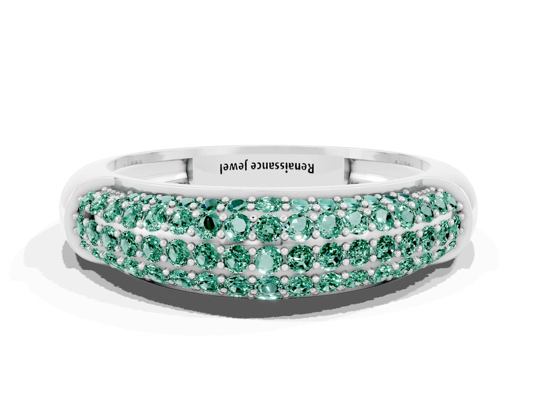 White gold Three-Row Pavé Round Green Sapphire Dome Band_6