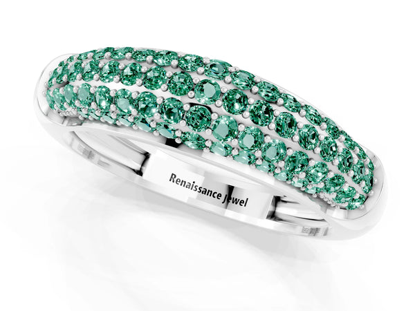 Silver Three-Row Pavé Round Green Sapphire Dome Band