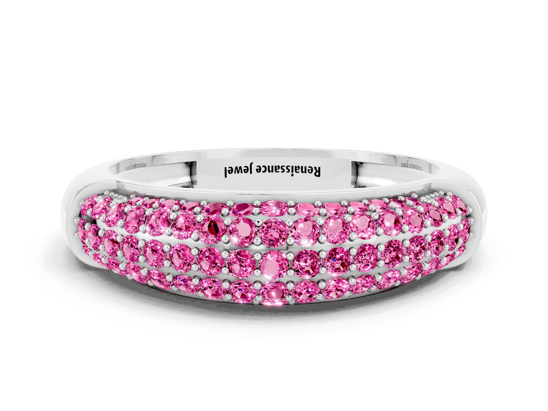 White gold Three-Row Pavé Round Pink Sapphire Dome Band_18