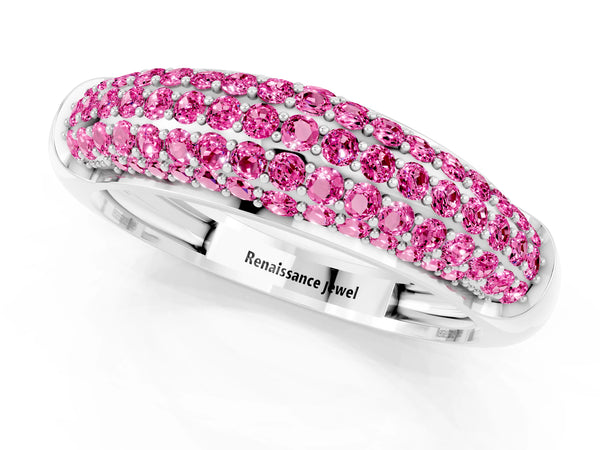 Platinum Three-Row Pavé Round Pink Sapphire Dome Band