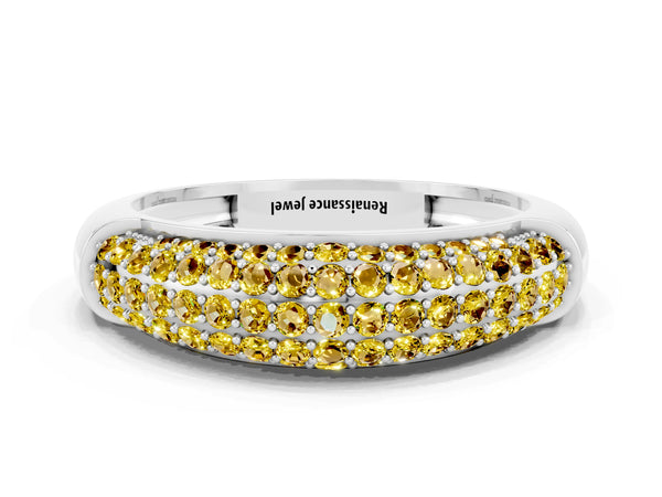 Platinum Three-Row Pavé Round Yellow Sapphire Dome Band